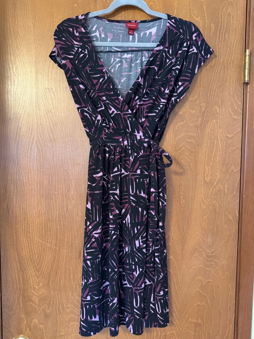 Merona Black and Purple Abstract Wrap-Style Midi Dress